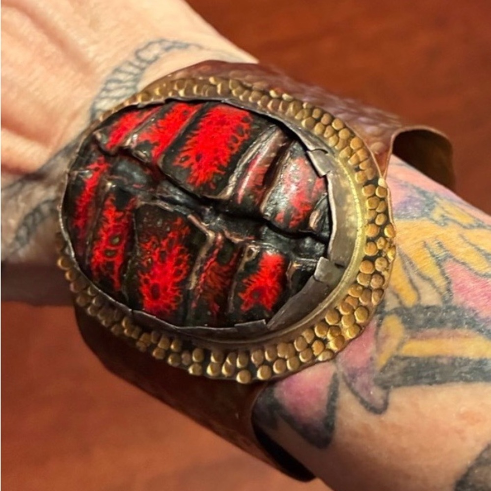 Vintage Hammered Copper Cuff Bracelet Red Mosaic Statement Piece
